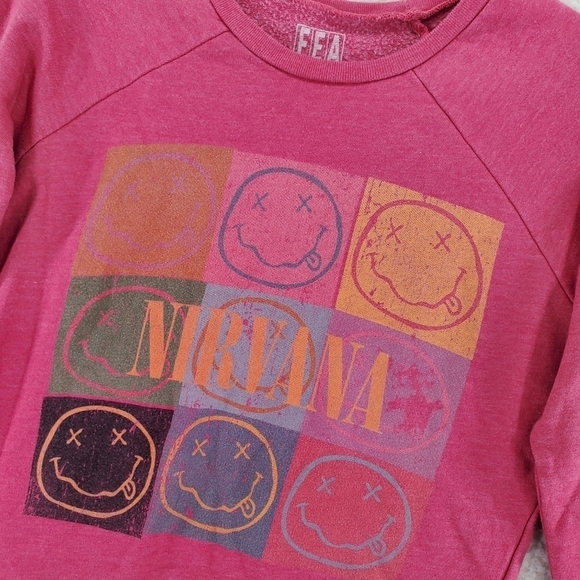 VTG Nirvana Sweatshirt Womens S Dark Mauve Pink Fleece USA Made Smiley Faces - Picture 4 of 10